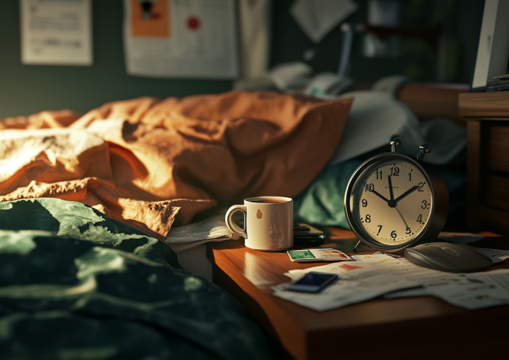 cluttered bedside table with a coffee cup, an alarm clock showing late hours, and a few stress-related items like scattered papers and a phone with notifications. In the background, show a person tossing and turning in bed, unable to sleep.
